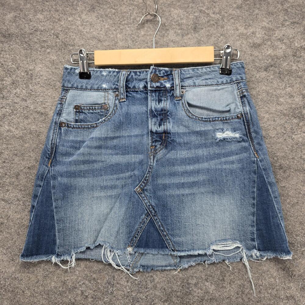 American Eagle Outfitters Skirt Womens 0 Blue Denim Frayed Mini Button Pockets